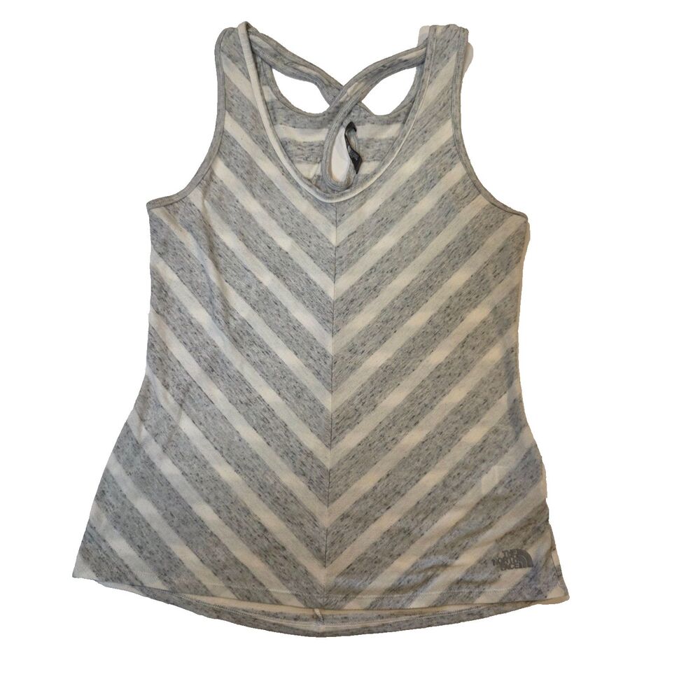 The North Face women’s medium striped racerback tank in heather gray and white.
